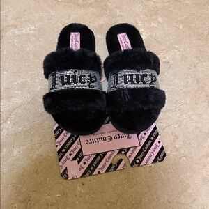 Juicy Couture Black Furry Slides with Rhinestone Detail